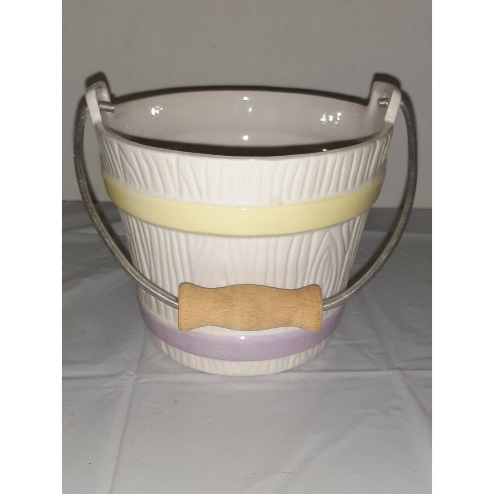 Teleflora White Porcelain Basket Purple And Yellow Bands Wood And Metal Handle